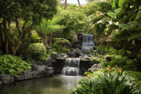 lush garden with cascading waterfall, surrounded by greenery, created with generative aiの素材