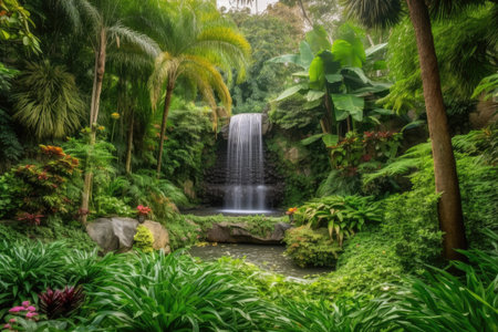majestic garden with majestic waterfall, surrounded by lush greenery, created with generative aiの素材