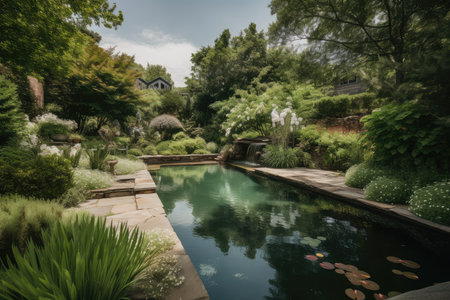 lush garden with pool and water feature on a hot summer day, created with generative aiの素材