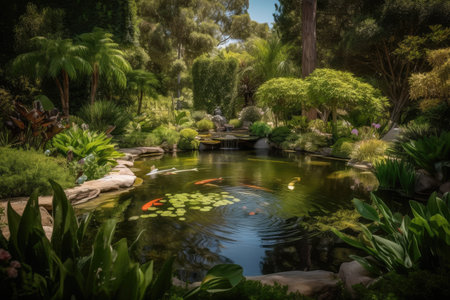 lush garden with water feature and koi fish swimming in pools, created with generative aiの素材