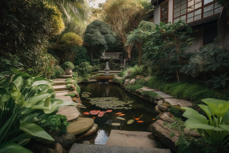 lush garden with water feature and koi fish swimming in pools, created with generative aiの素材