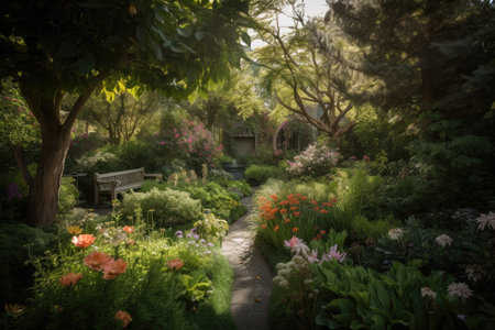 lush garden with vibrant blooms, surrounded by towering trees, created with generative aiの素材