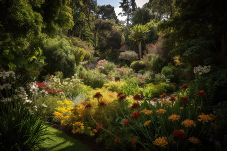 lush garden with vibrant blooms, surrounded by towering trees, created with generative aiの素材