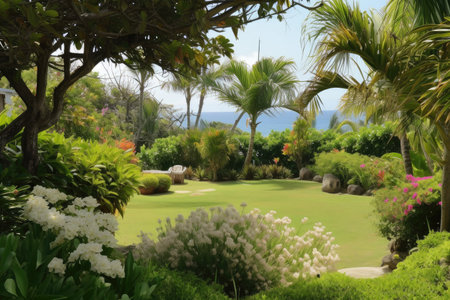 lush garden with view of the ocean, surrounded by breezy beach air, created with generative aiの素材