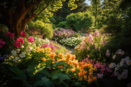 garden filled with blooming flowers and greenery, creating colorful and vibrant scene, created with generative aiの素材
