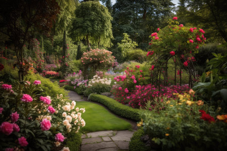 garden filled with blooming flowers and greenery, creating colorful and vibrant scene, created with generative aiの素材