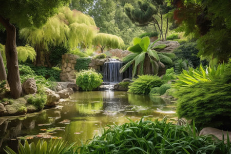 view of lush garden with waterfall and pond, surrounded by trees, created with generative aiの素材