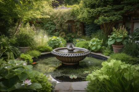 water feature with captivating reflections in lush garden landscape, created with generative aiの素材