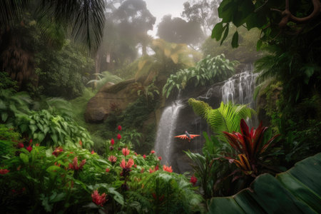 lush garden with waterfall and birds in the background, created with generative aiの素材
