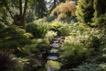 gardens with babbling brook, waterfall and towering trees, created with generative aiの素材