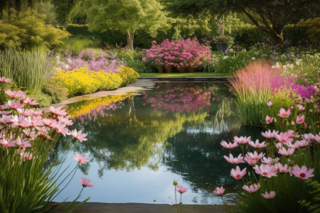 reflection pool in lush garden landscape surrounded by blooming flowers, created with generative aiの素材