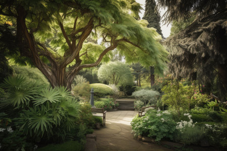 majestically towering trees in lush garden landscape, created with generative aiの素材
