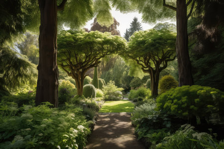 majestically towering trees in lush garden landscape, created with generative aiの素材
