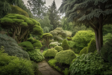 majestically towering trees in lush garden landscape, created with generative aiの素材