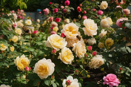 lush garden landscape with blooming roses and bumblebees, created with generative aiの素材