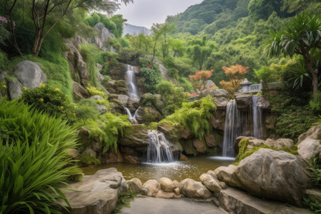 lush garden with waterfall, surrounded by natural landscape of mountains and greenery, created with generative aiの素材