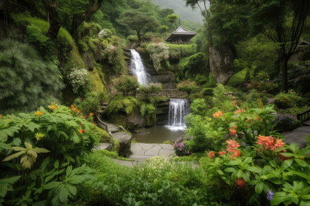 lush garden with waterfall, surrounded by natural landscape of mountains and greenery, created with generative aiの素材