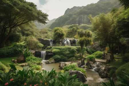 lush garden with waterfall, surrounded by natural landscape of mountains and greenery, created with generative aiの素材