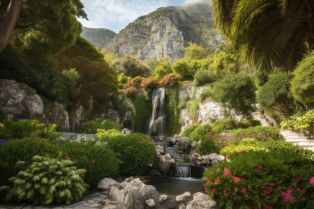 lush garden with waterfall, surrounded by natural landscape of mountains and greenery, created with generative aiの素材