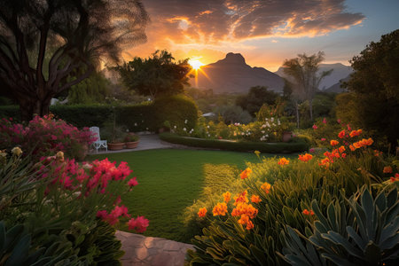 lush garden surrounded by majestic mountains with view of the sunset, created with generative aiの素材