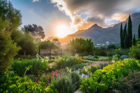 lush garden surrounded by majestic mountains with view of the sunset, created with generative aiの素材