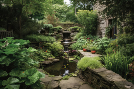 lush garden surrounded by stone walls and greenery, with a pond and waterfall, created with generative aiの素材