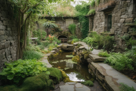 lush garden surrounded by stone walls and greenery, with a pond and waterfall, created with generative aiの素材