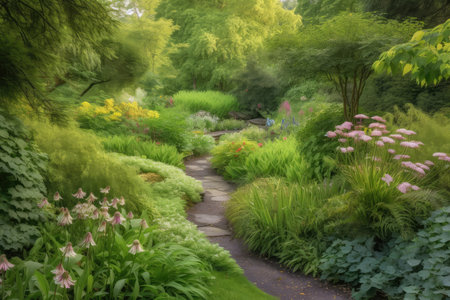 lush garden with winding path, leading to serene pond or waterfall, created with generative aiの素材