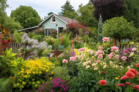 cottage garden filled with colorful blooms and lush foliage, created with generative aiの素材