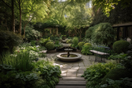 lush garden with cascading water feature and seating area, created with generative aiの素材