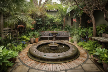 lush garden with cascading water feature and seating area, created with generative aiの素材