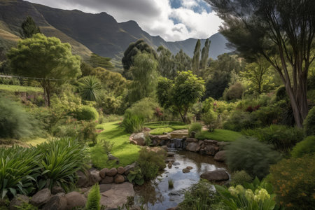 majestic garden with towering trees and babbling brook, surrounded by picturesque mountain range in the background, created with generative aiの素材
