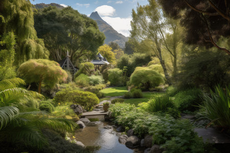majestic garden with towering trees and babbling brook, surrounded by picturesque mountain range in the background, created with generative aiの素材