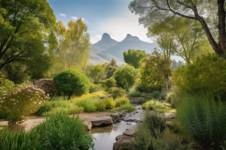 majestic garden with towering trees and babbling brook, surrounded by picturesque mountain range in the background, created with generative aiの素材