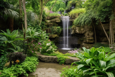 lush garden with waterfall and greenery in the background, created with generative aiの素材