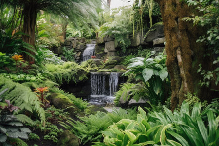 lush garden with waterfall and greenery in the background, created with generative aiの素材