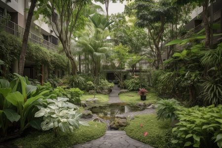 lush garden surrounded by towering trees, creating a serene environment, created with generative aiの素材