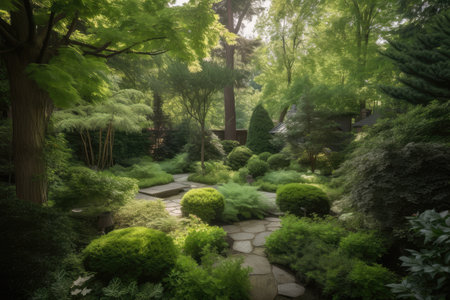lush garden surrounded by towering trees, creating a serene environment, created with generative aiの素材
