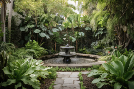 lush garden with sparkling water feature and cascading plants, created with generative aiの素材