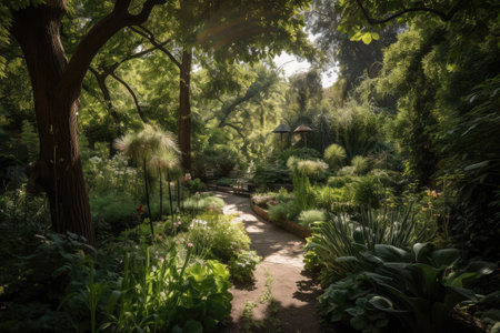 lush garden surrounded by towering trees on a sunny day, created with generative aiの素材