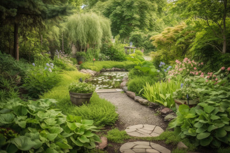 lush garden with stone path and water feature, surrounded by greenery, created with generative aiの素材