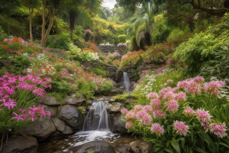 lush garden with waterfall, surrounded by blooming flowers, created with generative aiの素材