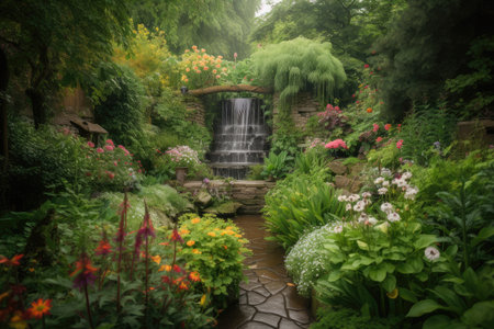 lush garden with waterfall, surrounded by blooming flowers, created with generative aiの素材