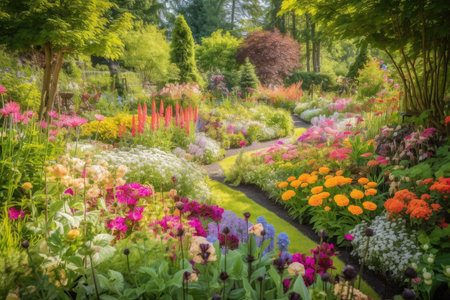 garden blooming with colorful flowers, surrounded by lush greenery, created with generative aiの素材