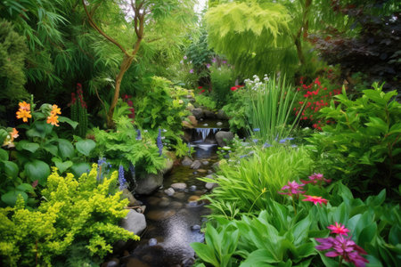 lush garden with babbling brook, surrounded by greenery and flowers, created with generative aiの素材