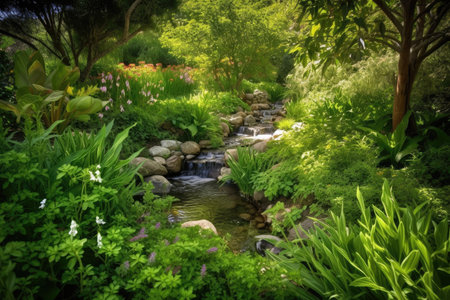 lush garden with babbling brook, surrounded by greenery and flowers, created with generative aiの素材