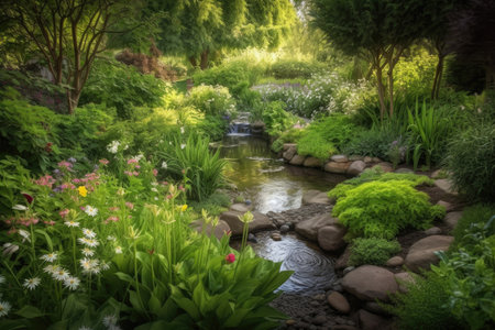 lush garden with babbling brook, surrounded by greenery and flowers, created with generative aiの素材