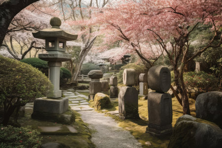 lush garden with blooming cherry blossom trees and stone lanterns, created with generative aiの素材