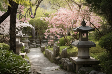 lush garden with blooming cherry blossom trees and stone lanterns, created with generative aiの素材