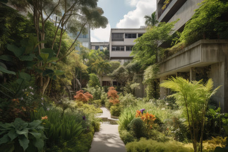 glimpse of lush garden with peeks of contemporary architecture in the background, created with generative aiの素材